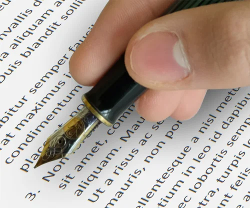 Pen in hand reviewing a document