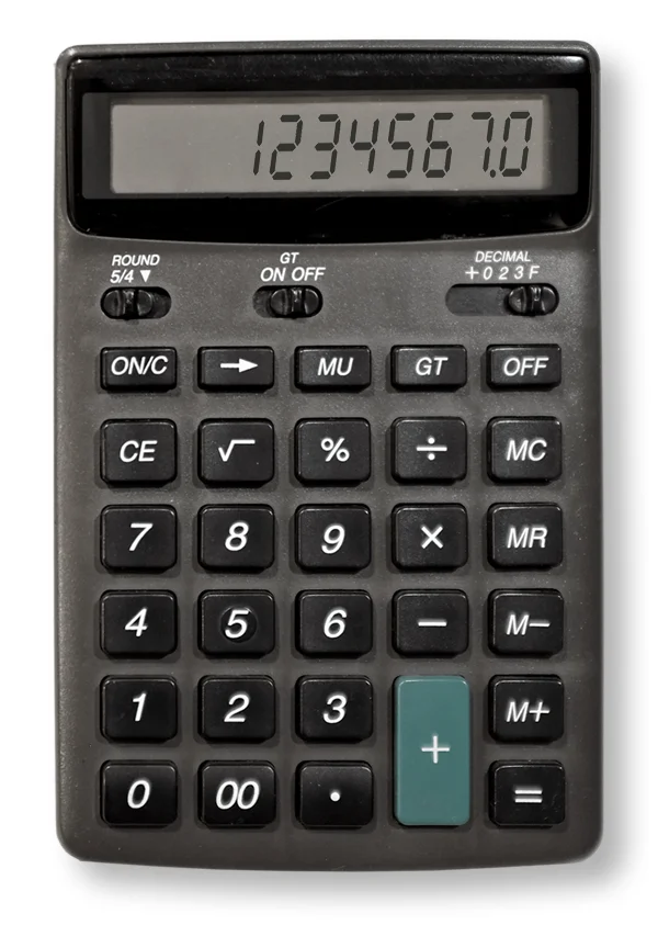 Standard calculator in black with a green plus key.